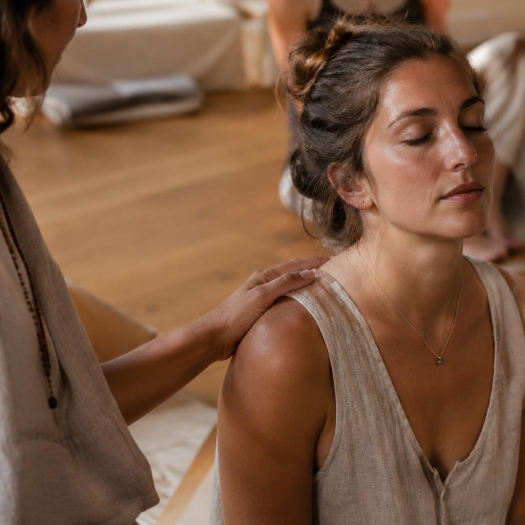 A client receiving gentle support, eyes closed, as a practitioner rests a hand on her shoulder during a breathwork session