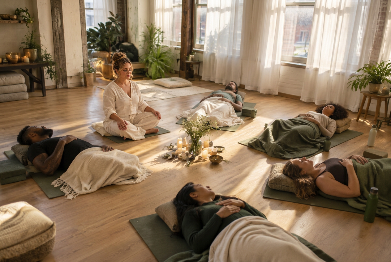 A small group resting on mats in a sunlit loft during a gentle breathwork session