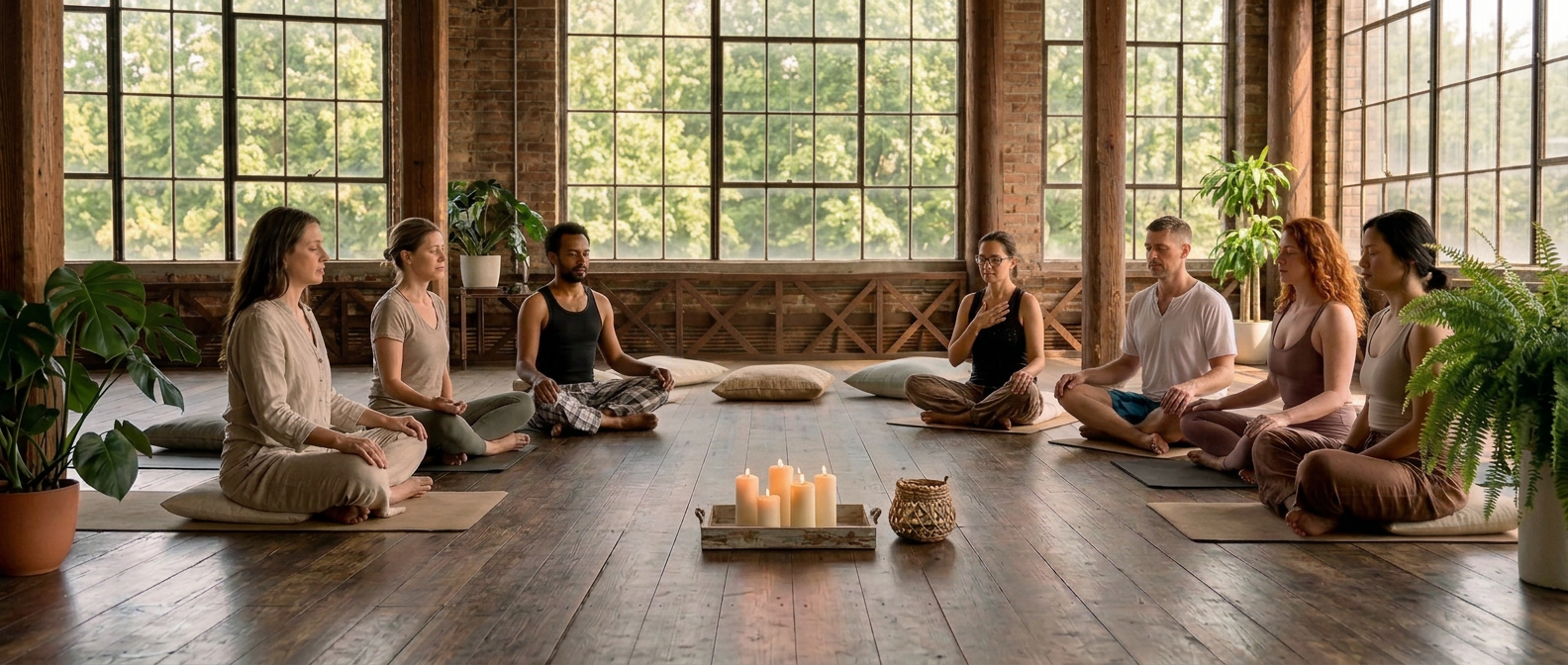 A breathwork circle seated in a bright, open loft