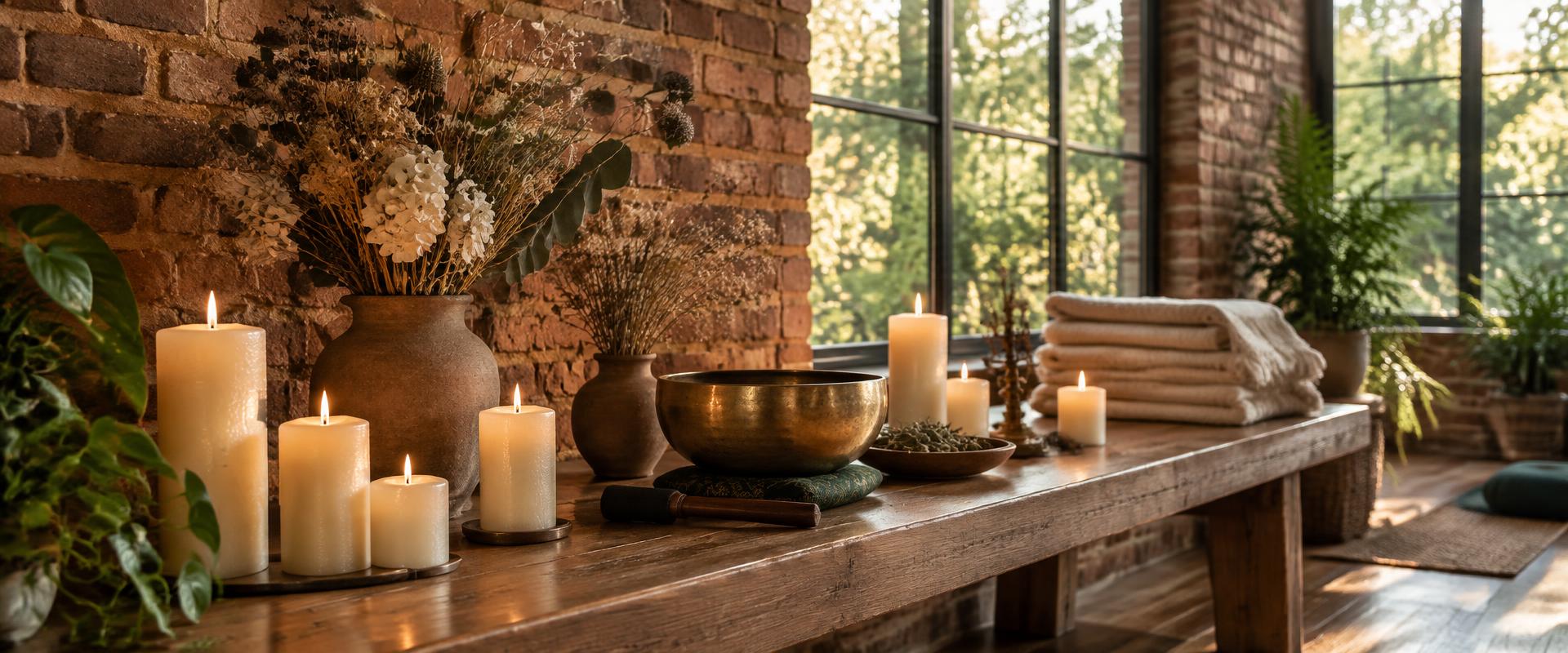 Lit candles, a brass singing bowl, and dried botanicals on a wooden table in the studio