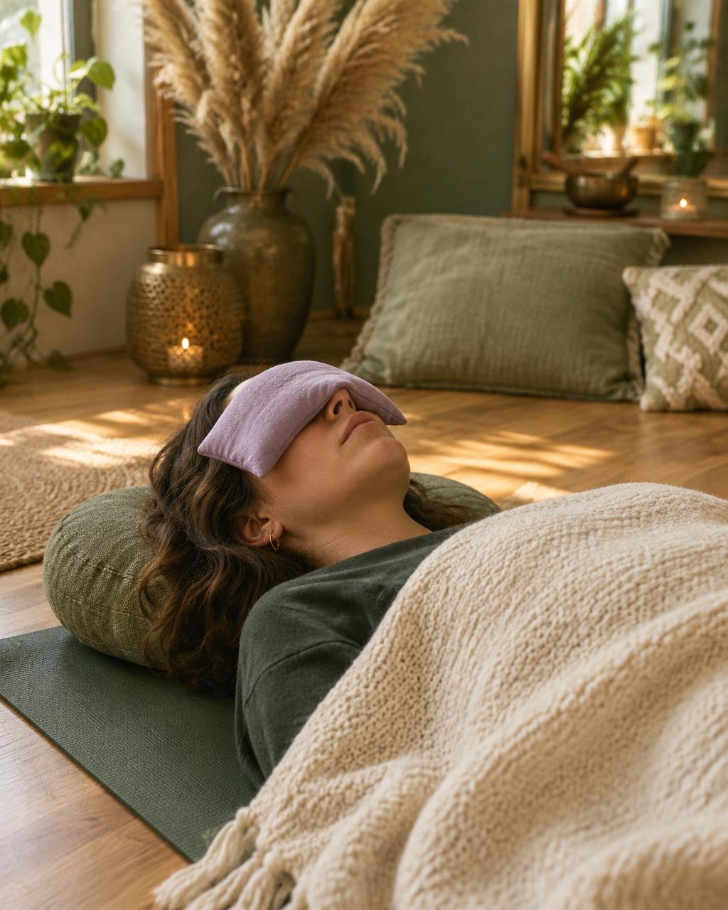 A person lying under a soft blanket with eyes closed, deeply at ease after a guided relaxation