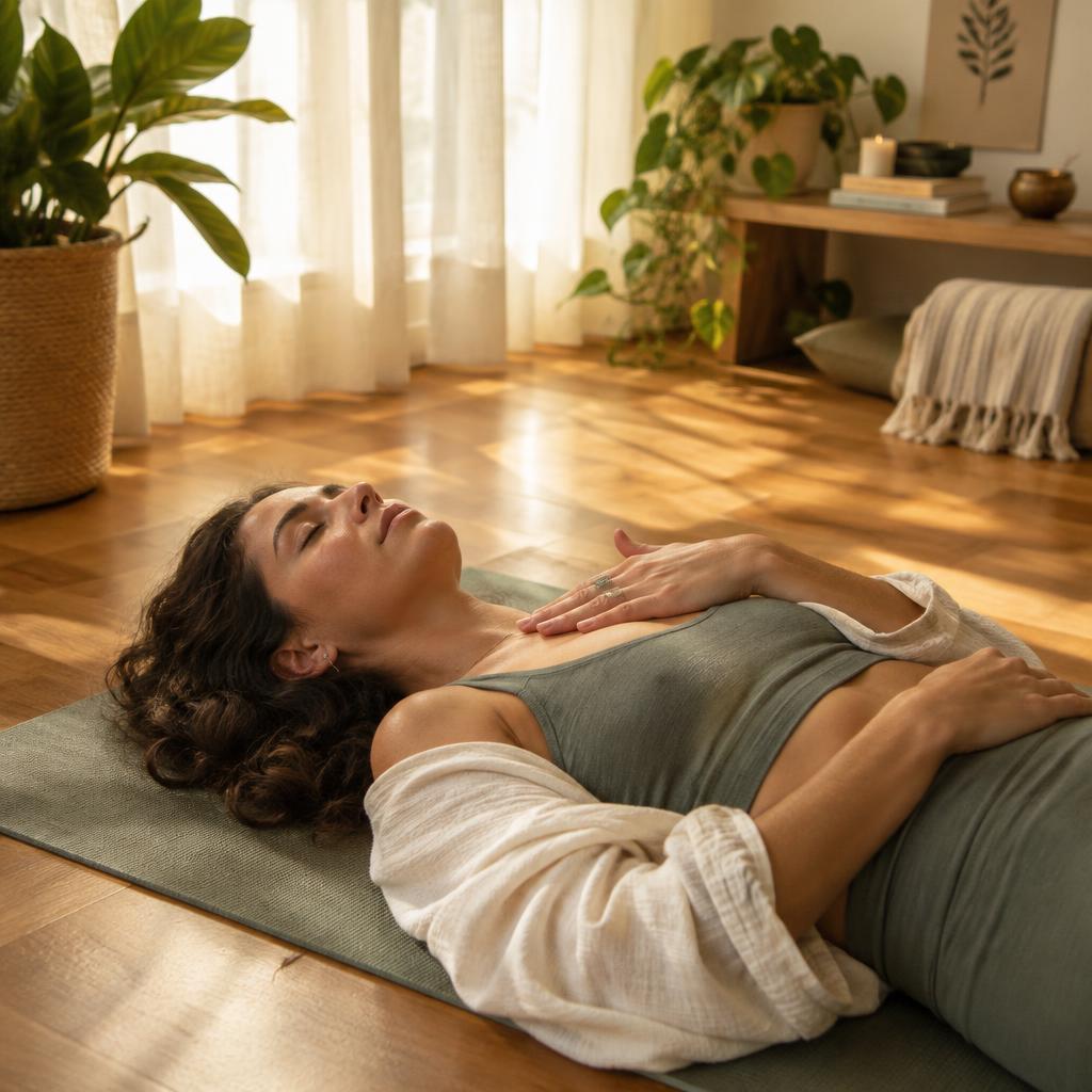 A woman resting with a hand on her chest during a somatic breathwork practice